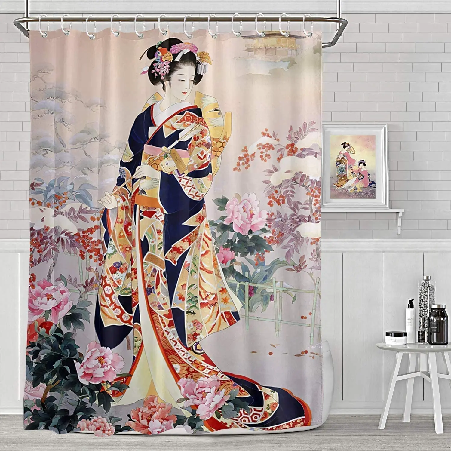 

Japan Shower Curtain Young Geisha In Kimono with Sakura Traditional Oriental Costume Makeup Cloth Fabric Bathroom Decor Set Hook