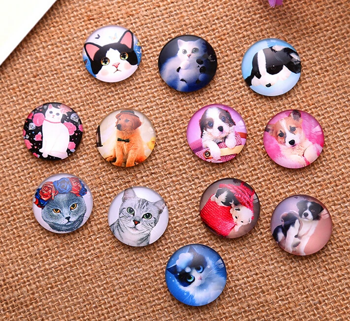 

24pcs 12/14/16mm Lovely Dog Cat Pattern Round Handmade Photo Glass Cabochons Glass Dome DIY Handmade Cabochon bead Settings
