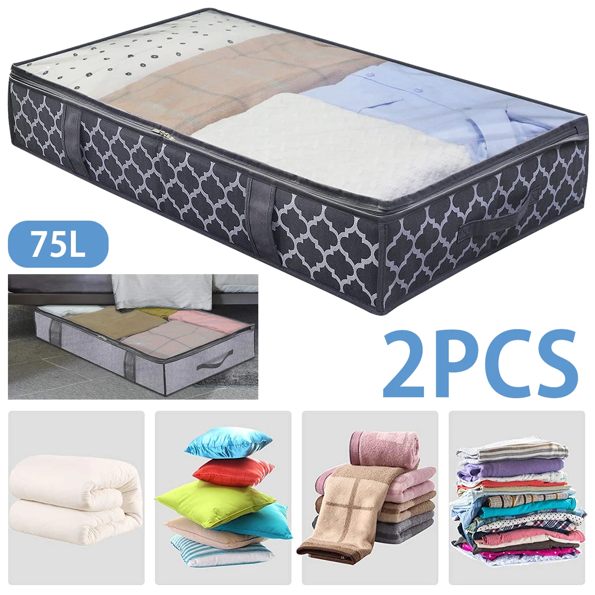 

L Under Bed Storage Bags 2-Pack Underbed Clothing Organizer Clear Cover Foldable with Carry Handles Breathable Under the Bed