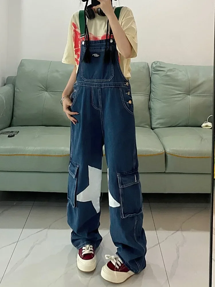 Women's Star Printed Denim Rompers Strap Pants Spring Autumn New Chic Fashion Casual Jeans Female Straight Trousers