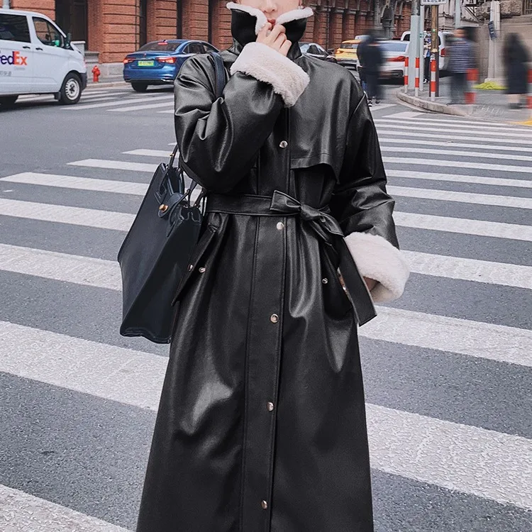 Женская зимняя высококачественная длинная куртка из искусственной кожи пальто с