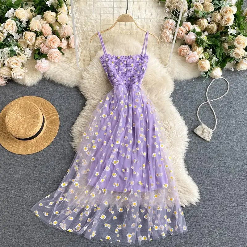 

Summer Mesh Spaghetti Strap Midi Dress Women Sleeveless Embroider Floral Vintage Beach Dresses Sexy Backless Party Dress