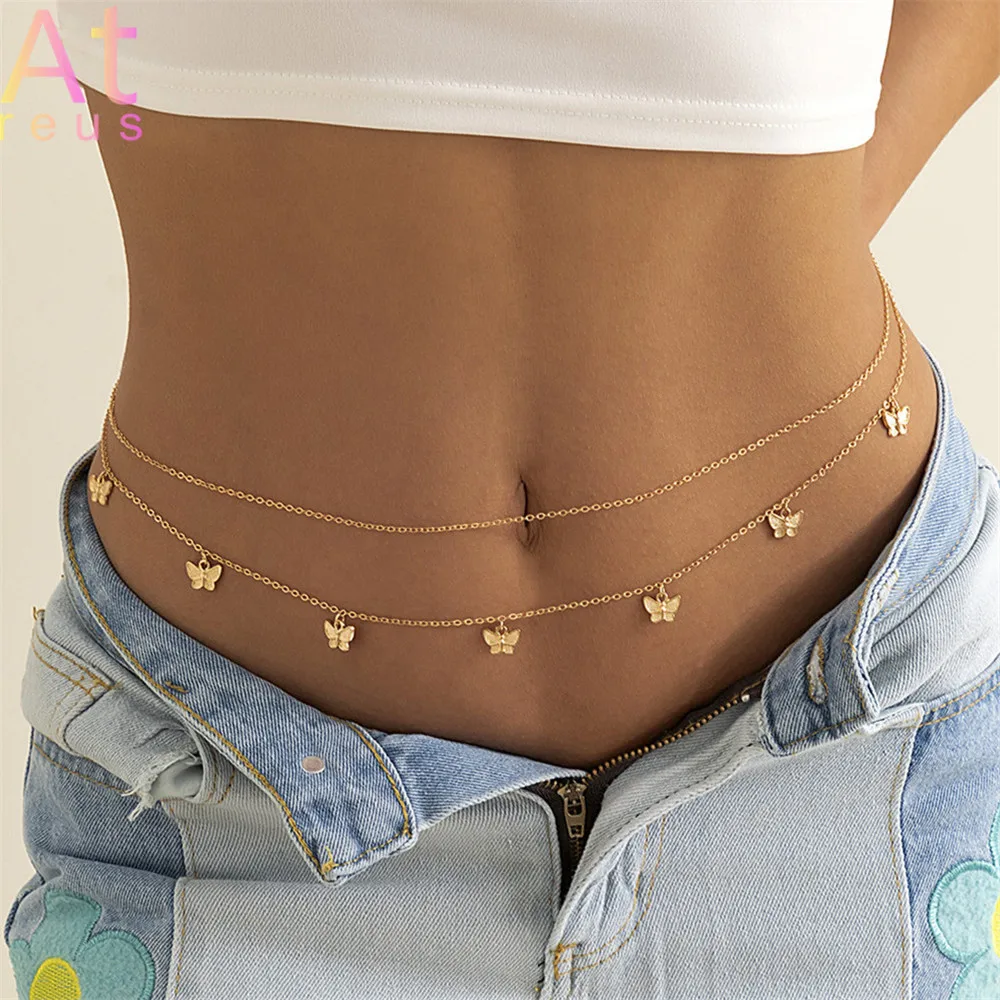 

Gold Plate Multilayer Sexy Double Thin Chain Women's Waist Chain Charming Butterfly Belly Chain Summer Beach Bikini Body Jewelry