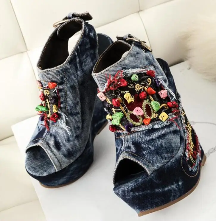 

Blue Denim Water Wash Shallow String Bead Sandals Fashion A word Belt Cowboy Peep Toe Shoes High Heels Jean Free Shipping