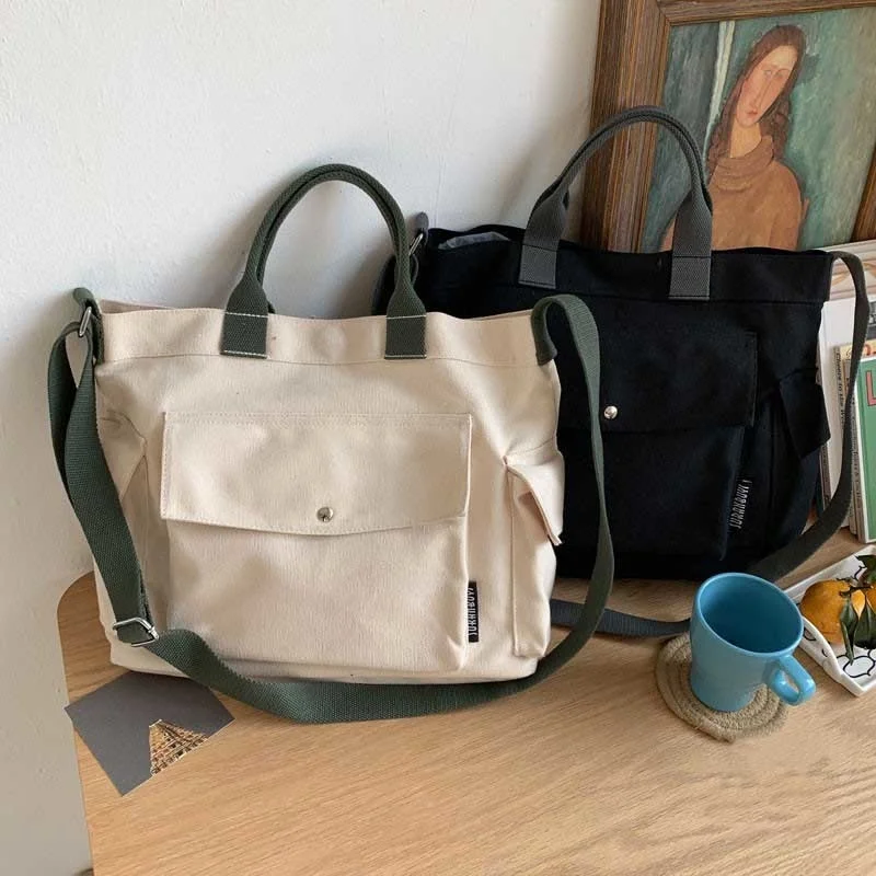 

Cotton Canvas Messenger Bags for Women Men Tote Magnetic Buckle Shopping Bag Travel Handbag with Adjustable Shoulder Strap