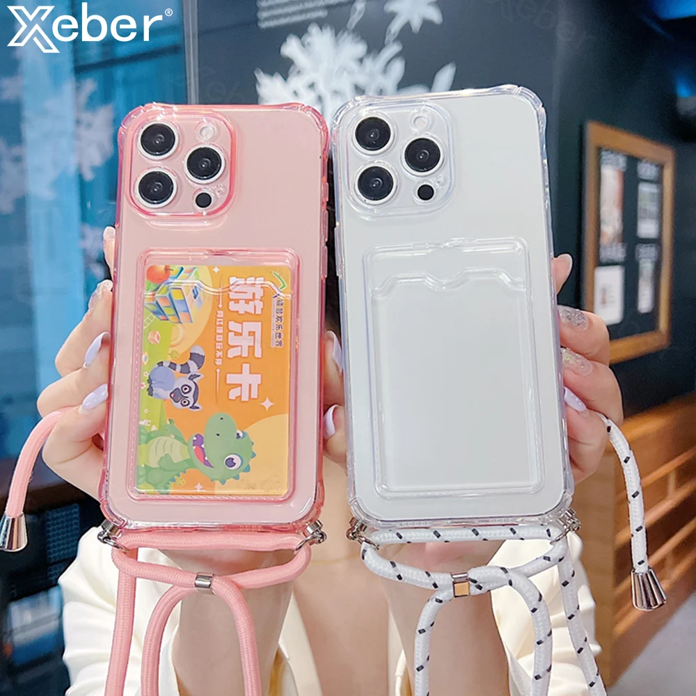 Прозрачный силиконовый чехол для телефона с отделением карт и ремешком через