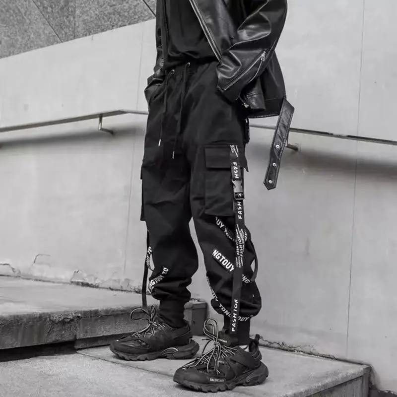 

Jogging Men Hippie Hop Men Pants Cargo Japanese Hip Black For Techwear Gothic Joggers Trousers Ribbon Cargo Streetwear