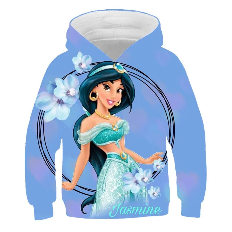 

New Girls Jasmine Princess Long Sleeves Sweatshirts 2023 Spring Autumn New Hooded Tops 3D Disney Series Cartoon Casual Hoodies
