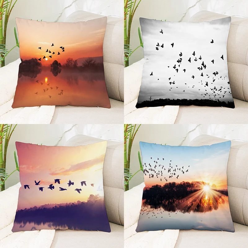 

Customizable Sunrise and Sunset Bird Lake Beach Scenery Pillowcase Sofa Office Cushion Cover Creative Decoration Home