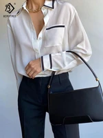 2022 autumn women contrast color chiffon blouse loose full sleeve turn down collar white shirt casual office wear basic tops
