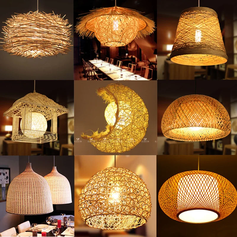 

Chinese LED Rattan Chandelier Round Bird's Nest House Straw Hat Bamboo Lamp Bamboo Art Restaurant Hotel Home Decorative Lights