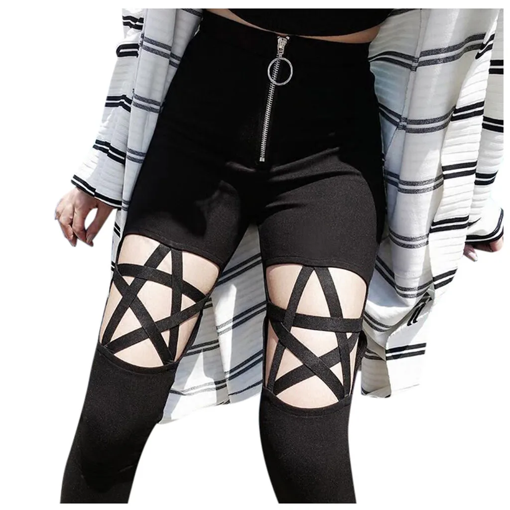 Y2k Clothes Women Gothic Punk Hollow Out Starbandage Long Trousers Zipper High Waist Pencil Pants Leggings Streetwear Black Pant