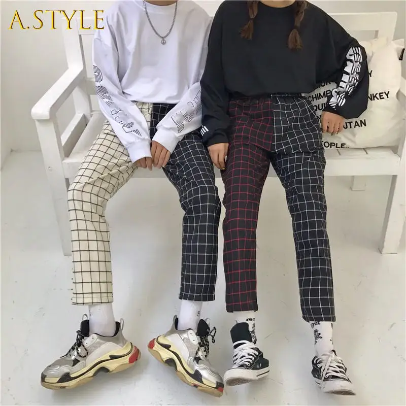 

A GIRLS Vintage Plaid Patchwork Pants Harajuku Woman Man Trousers Elastics High Waist Pants Korean Causal Straight Checkerboard