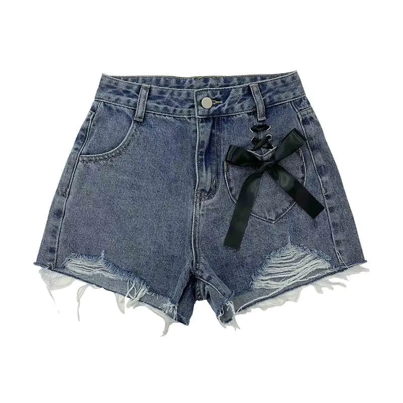 Bow Tie Torn Hole Denim Shorts For Women In Summer Showing Height  Slimness Loose Fitting High Waisted Wide Leg A-Line Short