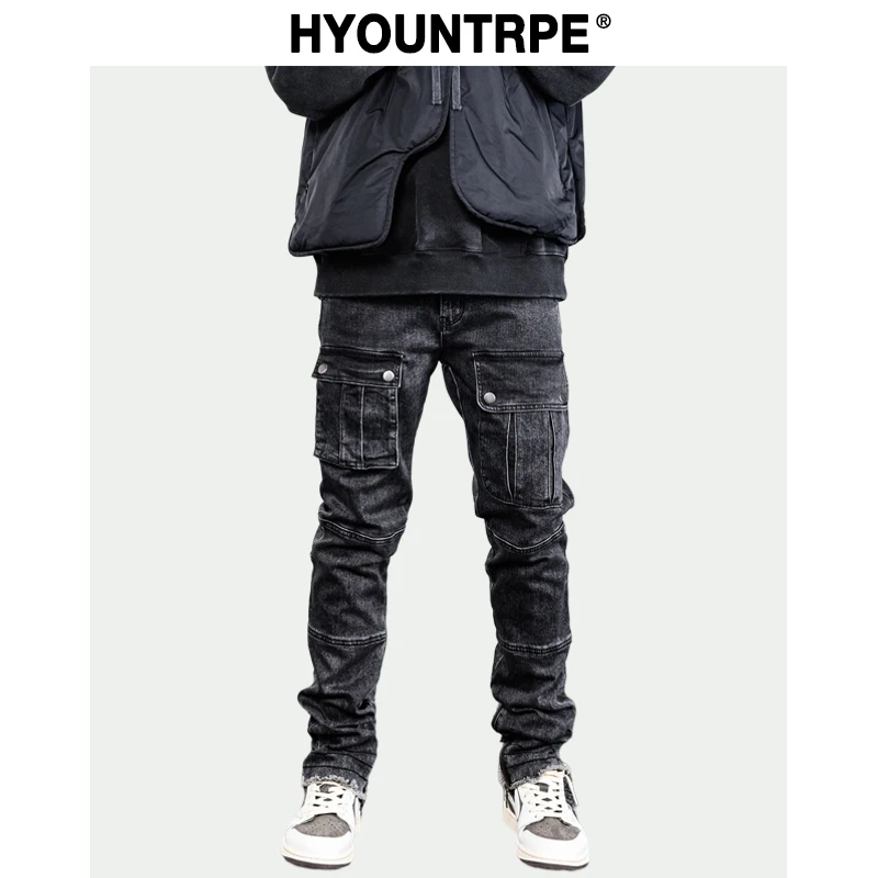 Retro Washed Denim Jeans Mens Bottom Zipper Jean Trousers with Pockets Hip Hop Fashion High-street Slim Fit Pants Joggers Jeans