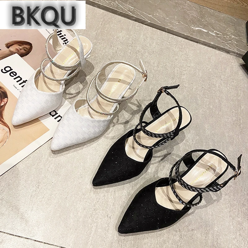 

2022 summer new fashion all-match rhinestone square buckle pointed toe shoes rubber sole all-match buckle high heels women