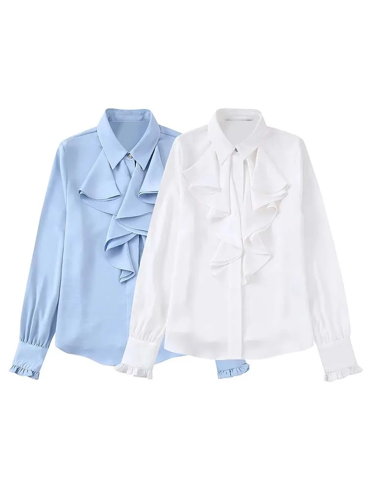 

KLKXMYT TRAF женская рубашка с оборками атласная блузка женские рубашки с длинным рукавом на пуговицах для женщин зимние рубашки с воротником и б...