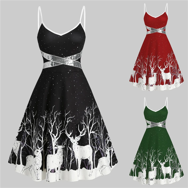 

Christmas Print Winter Party Dresses Sequin Patchwork Sleeveless Dress Deer Skater Club Night Dresses