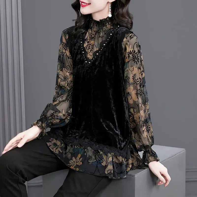 

Casual Blouse Two-piece bottoming female blouse female autumn and winter 2021 new high-end big fashion long sleeve o neck blouse