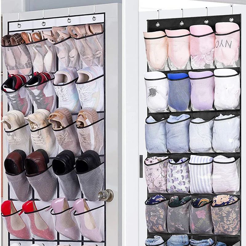 

24 Grids Wall-mounted Sundries Shoe Organiser Fabric Closet Bag Storage Rack Mesh Pocket Clear Hanging Over The Door Cloth Box