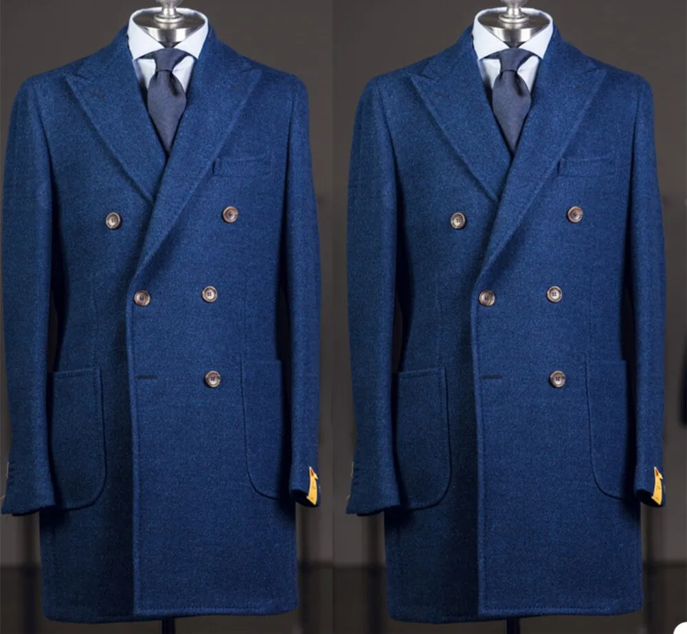 Blue Woolen Men Suit One Piece Blazer Tuxedo Double Breasted Winter Work Wedding Groom Formal Pinstripe Party Causal Tailored