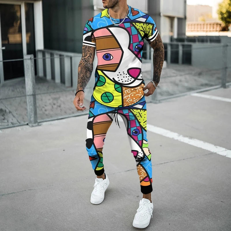 

2023 Mens 2 Piece Sets Funny Tracksuit 3D Print Short Sleeve T-Shirts Sweatpant Streetwear Casual Hip Hop Male Oversized Trouser