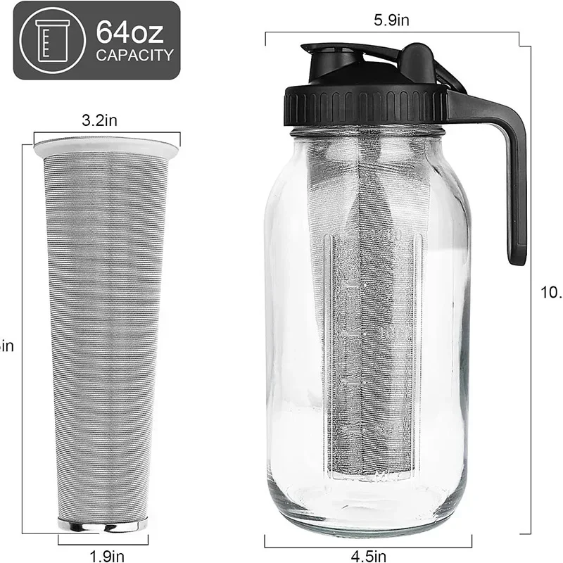 

Кофеварка для холодного заваривания с фильтром для кофе из нержавеющей стали для приготовления кофе со льдом, чая со льдом, фруктовых напитков, стеклянный кувшин с крышкой для заливки носика