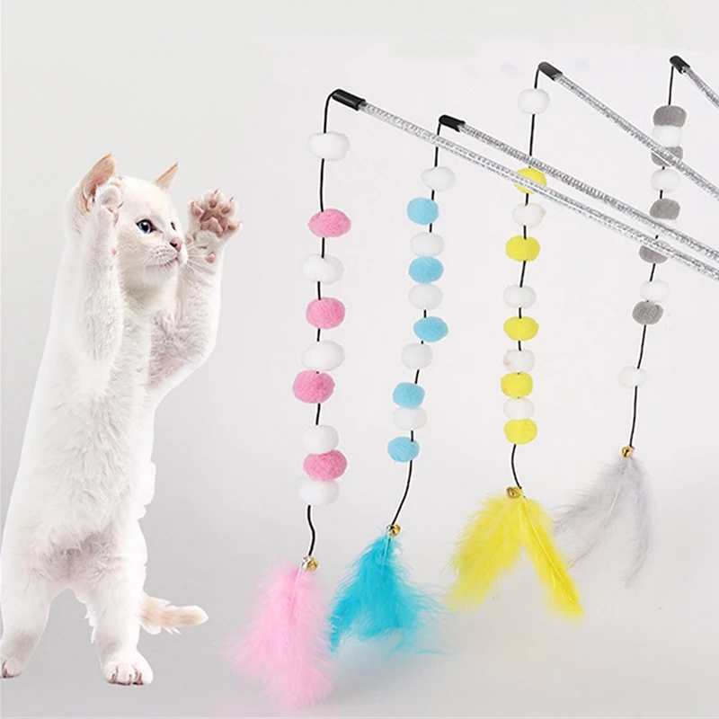 

Игрушки для кошек с помпоном, 1 шт., Интерактивная палочка, игрушки с перьями, котенок, длительное время, игрушечный плюшевый мяч, товары для домашних животных, упражнения для кошек