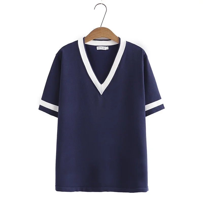 

Plus Size Women's V-neck Striped Summer T-Shirts Oversized Knitted Slim Female Tops Short Sleeve Casual Top
