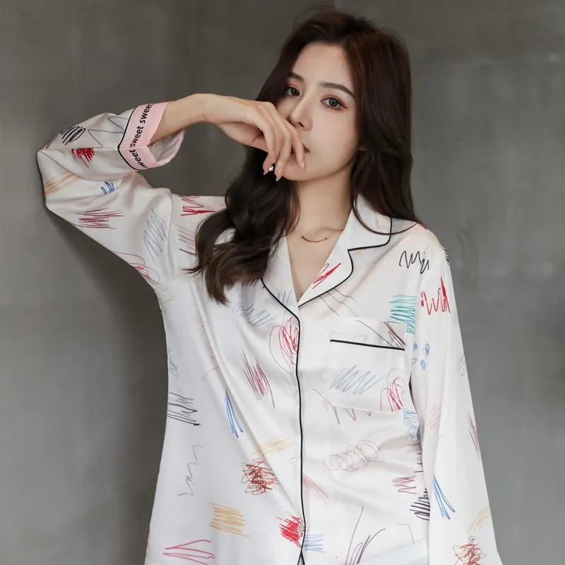 

Ice Silk Laple Pajamas Set Nightwear Shirt Pants Home Wear Sleep Suit Printing Sleepwear Smiley Home Clothes Loose Loungewear