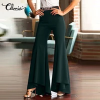 celmia elegant flared trousers women spring high waist ruffled skinny flare long pants elegant casual street elastic bell bottom