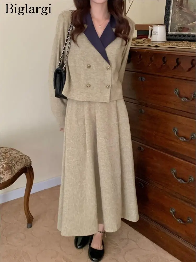 

Женский осенний комплект из 2 предметов, Свободный укороченный Топ с длинным рукавом и плиссированная юбка в Корейском стиле, 2023