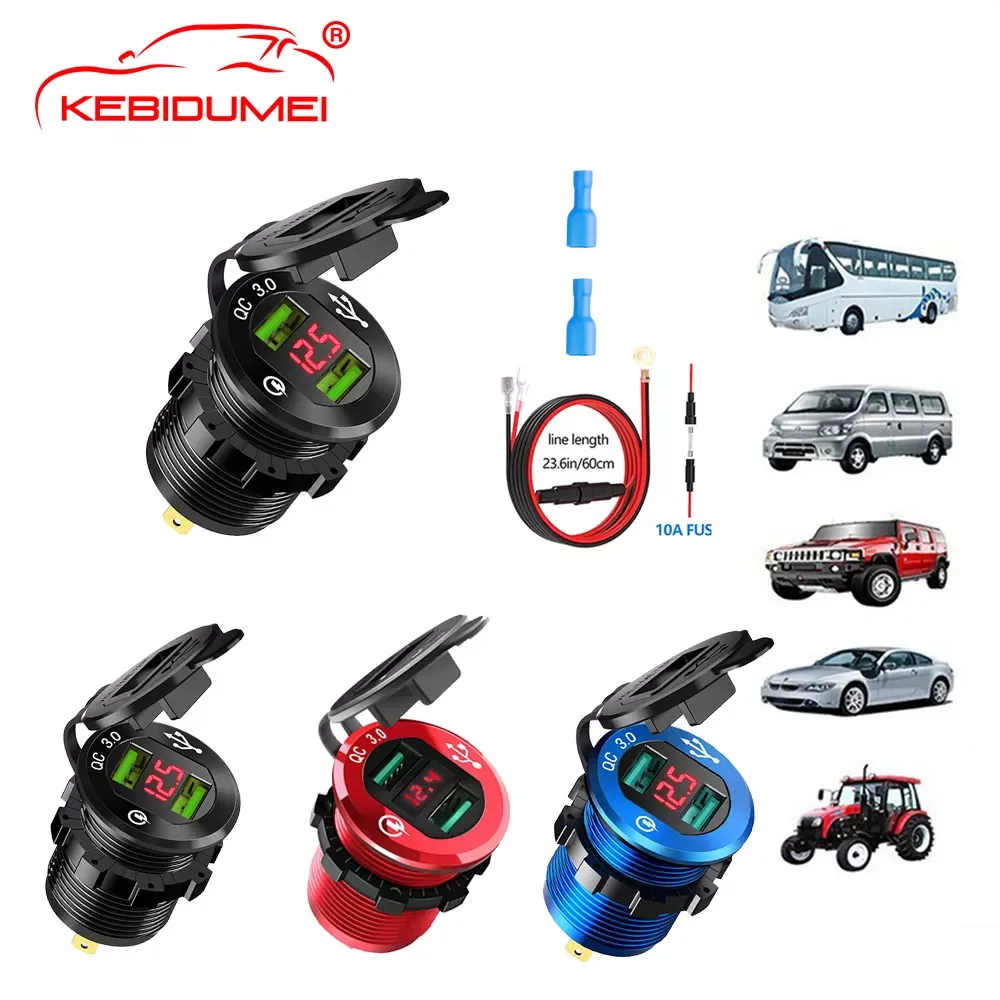 

Dual Fast Charger QC3.0 Port Waterproof Aluminum Power Outlet Fast Charge with LED Voltmeter for 12V/24V Car Boat M