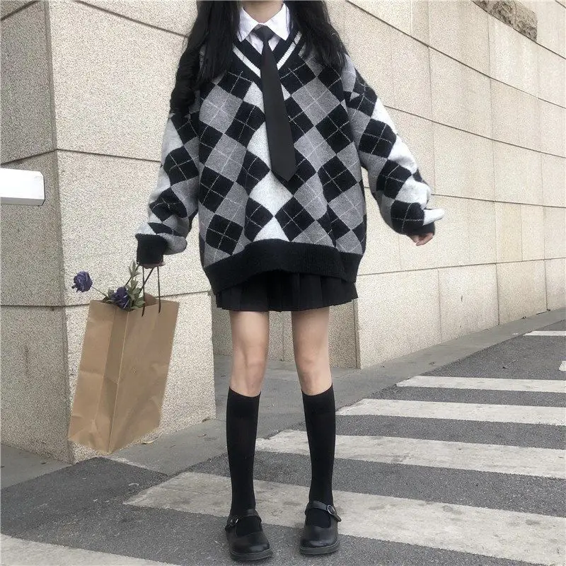 

Deeptown Korean Style Plaid Grey Sweater Women Vintage Harajuku Oversize Pullover Streetwear Pullover Jumper Autumn Winter Tops