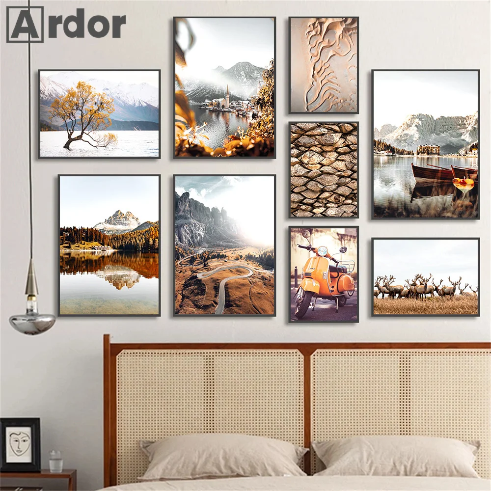 

Autumn Mountain Lake Reindeer Print Forest Leaf Desert Wall Art Canvas Painting Landscape Poster Pictures Living Room Home Decor