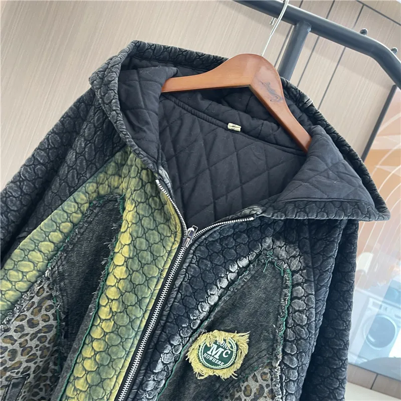 Женская джинсовая стеганая куртка с леопардовым принтом длинные рукава