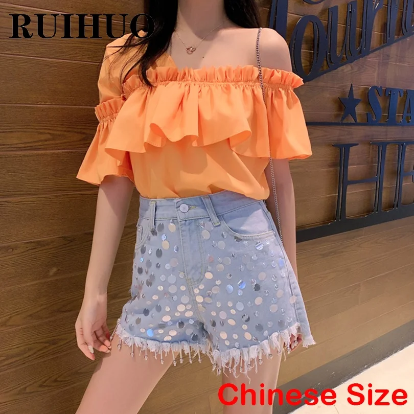 

Летняя Блузка RUIHUO, женские летние топы на одно плечо 2022, пикантные женские рубашки, корейская мода, искусственные китайские размеры, новое п...