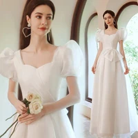 elegant white evening dress square neck princess puff sleeve bow a line floor length simple tulle wedding party prom bridal gown