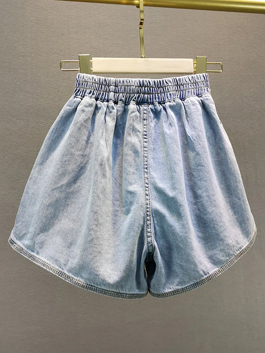 Thin Denim Shorts Women's Fashionable Loose High Waist Slimming Heavy Embroidery Diamond Drills Wide Leg Hot Pants Jeans Shorts