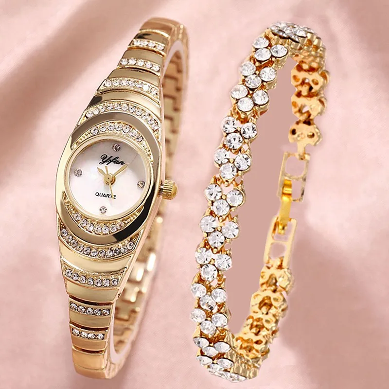 2PCS Fashion Trend Business Versatile Luxury Full CZ Set Elegant Quartz Watch Set Diamond Bracelet Set