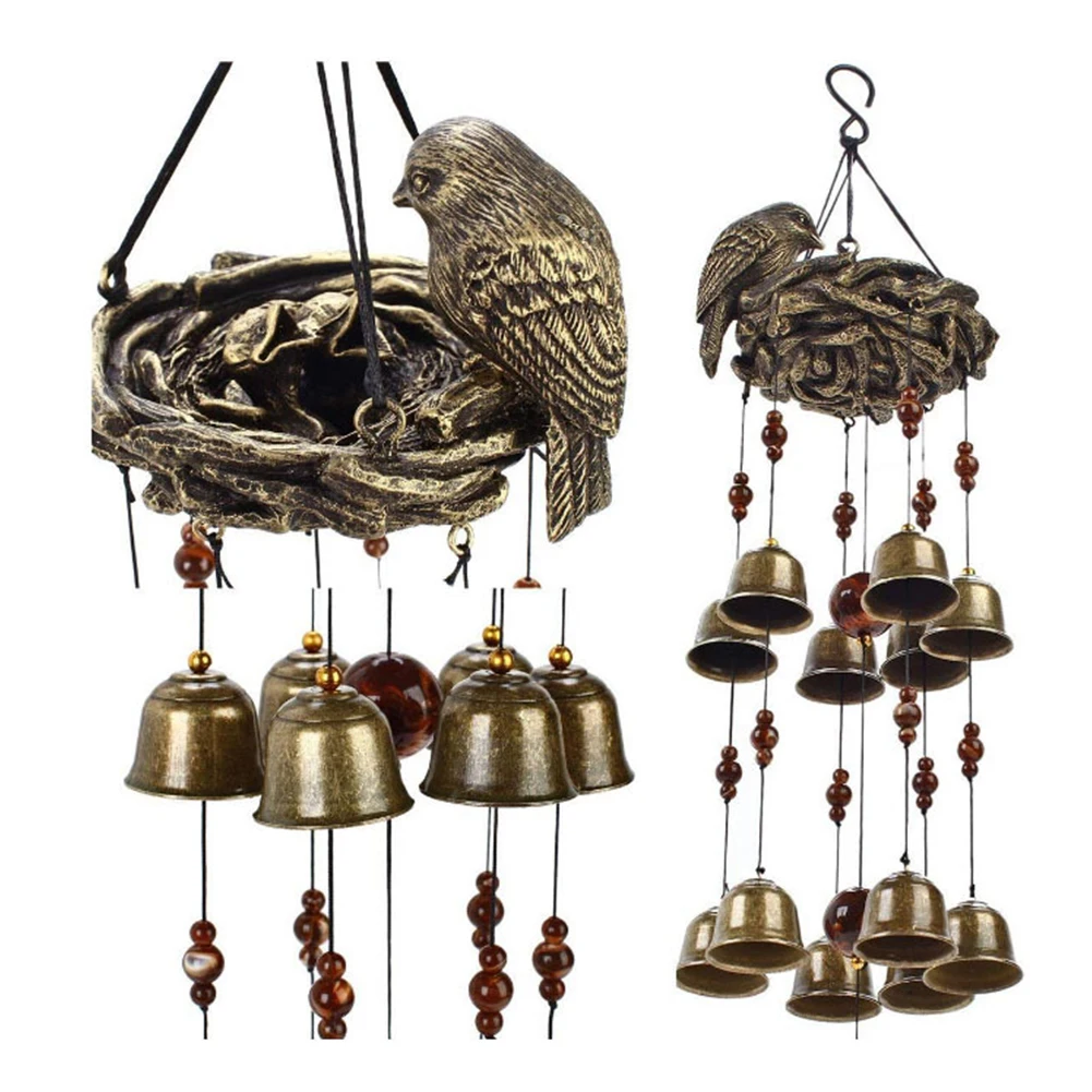 

Indoor Outdoor Gift Home Decor Wind Bell Chimes Bronze Birds And Nest Garden Metal Hanging Ornaments 12pcs Bells Wind Bell