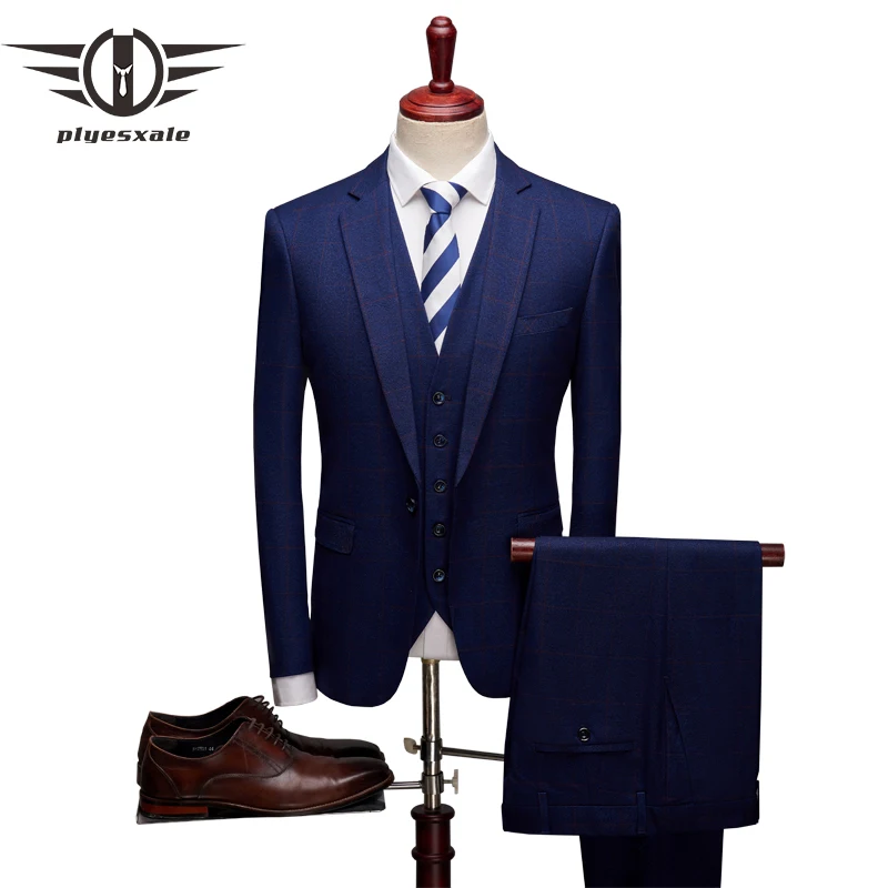 

Мужской Клетчатый костюм Plyesxale, синие облегающие мужские костюмы с брюками, брендовый Свадебный костюм для жениха, мужская деловая официальная одежда, Q146, осень 2023