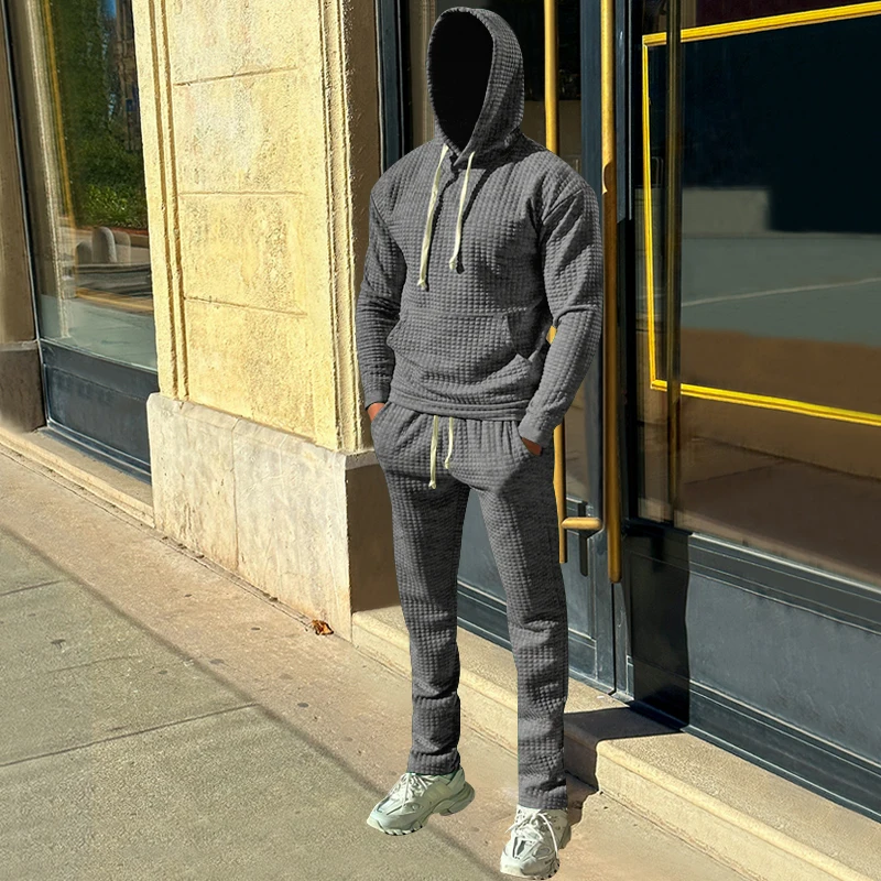 New Stlye Men's Hoodie 2pcs Set Hollow Plaid Quilted Cotton Hoodies Fabric Pullover Hooded Hoody Sweatshirt Hoodies Suit