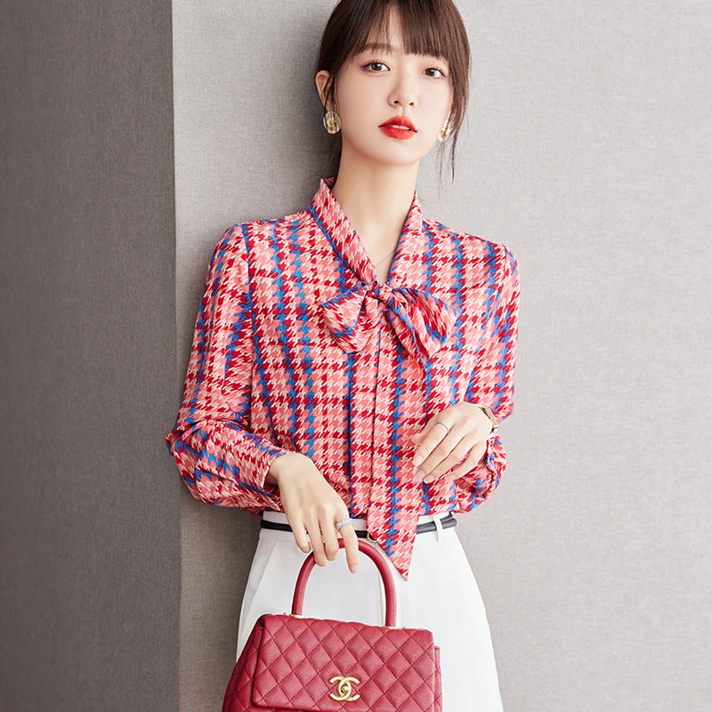 

Chiffon Plaid Women's Shirts Summer 2023 New Prints Blouses Loose O-neck Long Sleeve Top Bow Ladies Clothing YCMYUNYAN