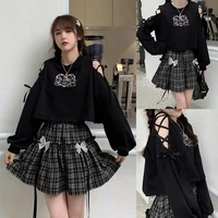 two piece suit off the shoulder long sleeved t shirt womens sweater short top plaid skirt jk skirt student can be acquired