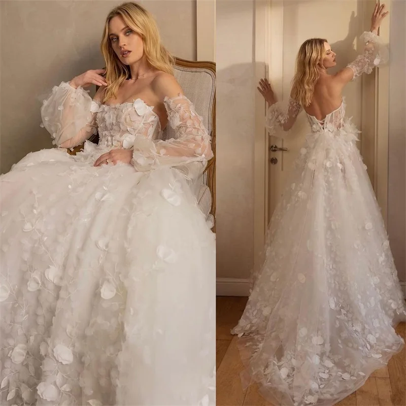 

Flower Wedding Dress A Line 3D Floral Appliqued Detachable Full Sleeves Beach Bridal Gown Custom Made Strapless Robes De Mariée