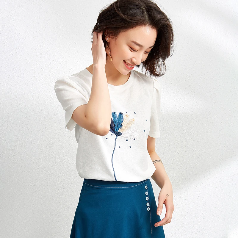 

Silk Cotton Women's T-shirts Summer 2023 New Printed Loose Tees Short Sleeves Top Patchwork O-neck Ladies Clothing YCMYUNYAN