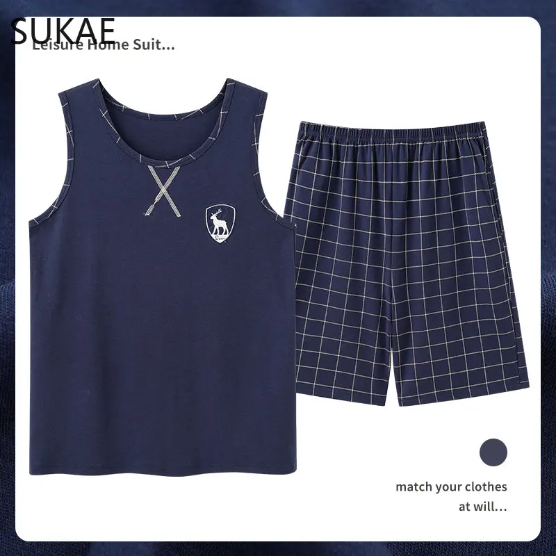 SUKAE Mens Sleepwear L-4XL Big Size Sleeveless Homsuit Pajamas Set Summer Shorts Vest Man's Loung Sets Elegant Nightwear for Boy