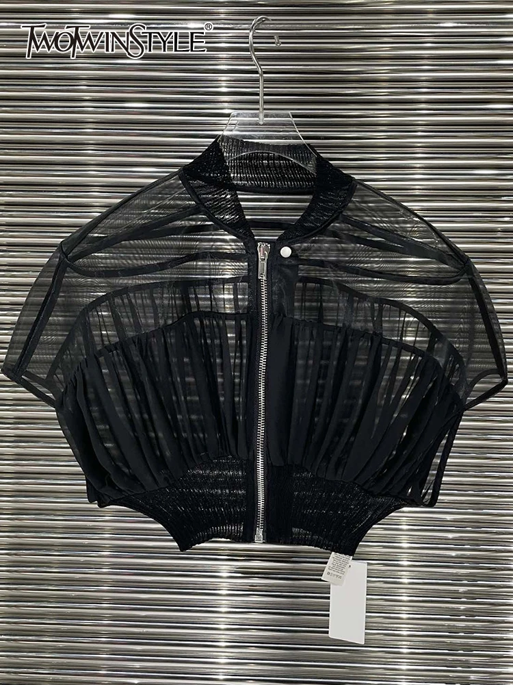 

TWOTWINSTYLE Patchwork Zipper Coats For Women Stand Collar Short Sleeve Spliced Mesh Summer Jacket Female Fashion Clothing New