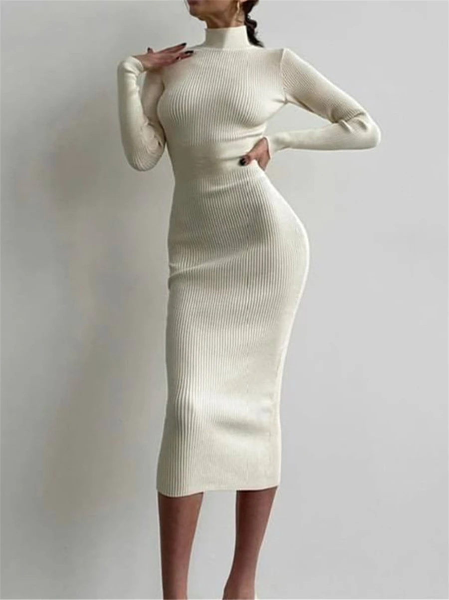 

wsevypo White Knitted Ribbed Wrapped Dress Elegant Fashion Fall Winter Long Sleeve High Neck Bodycon Dress Women Office Outfit